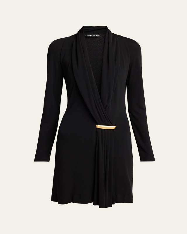 V-Neck Draped Mini Dress with Buckle Detail